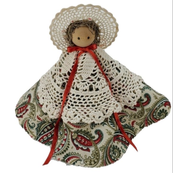 Handmade Wood and Crochet Doily Country Little Girl Doll - Picture 1 of 12